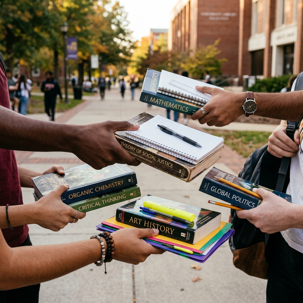 Hands of students holding textbooks titled Organic Chemistry, Critical Thinking, Art History, Theory of Social Justice, Mathematics, and Global Politics
